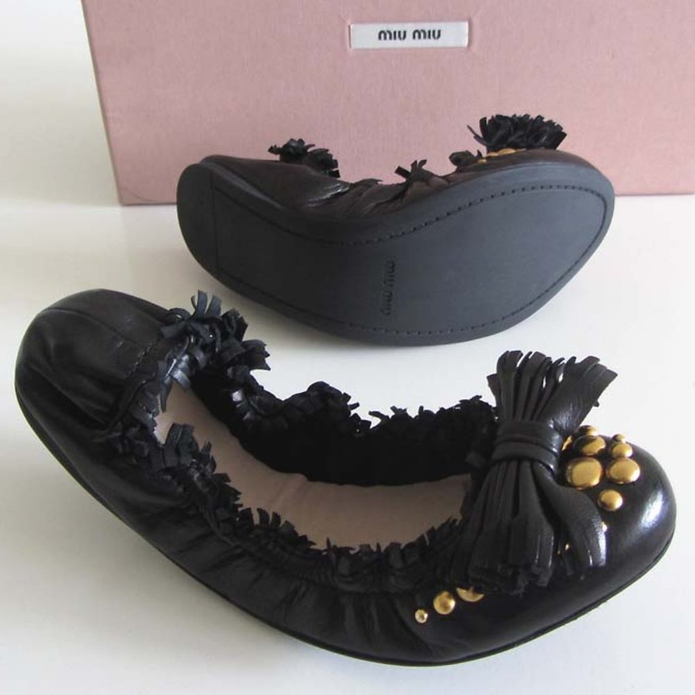 New Miu Miu Black Studded Bow Ballet Flats 36 6 Us - image 2